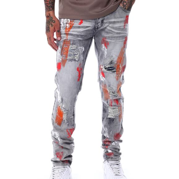 Switch Remarkable Jeans 34x30 Mens Slim Tapered Destroyed Paint Drip Streetwear - Picture 1 of 10